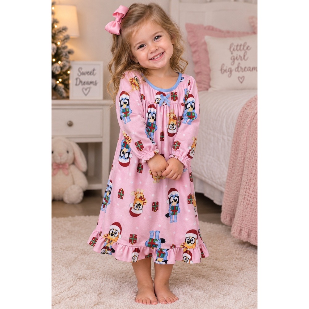 Bluey Bingo Girls Christmas Nightgown Pink Fleece Holiday Sleep Dress 2T